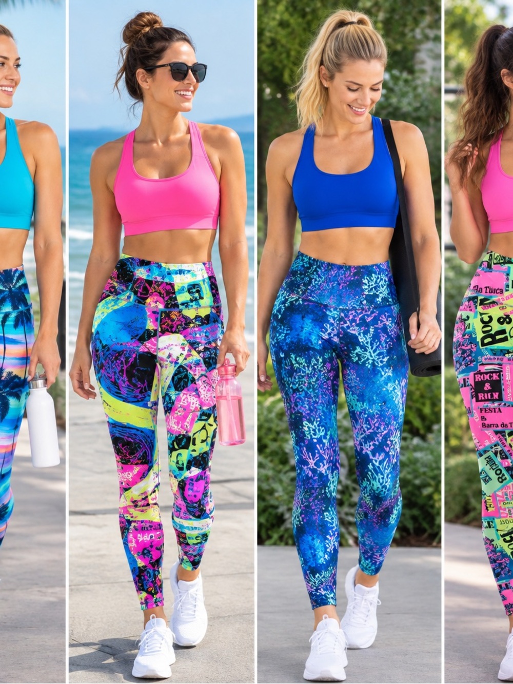 4 Piece Fierce Pulse Rock N Roll Skull Miami Palm Tree 80’s Coral Style Leggings